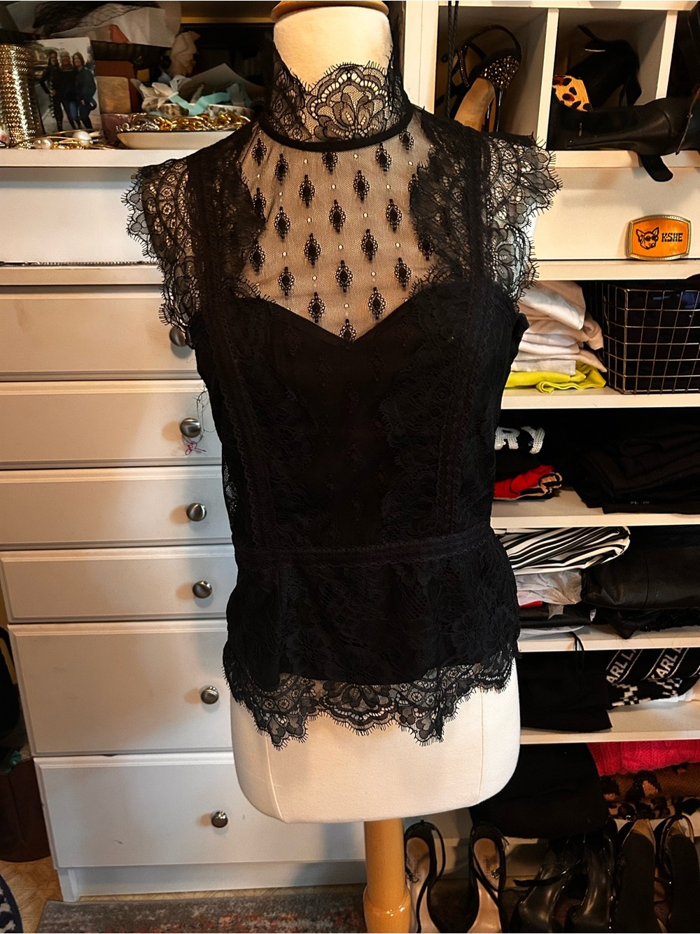 Express Black Lace High-Neck Cap Sleeve Blouse